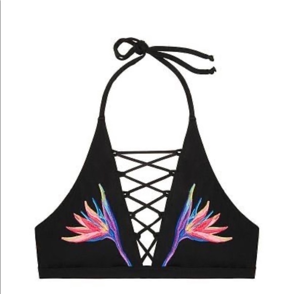 Victoria Secret Pink Front Lace Up Floral Embroidery Swim Bathing Suit T… - Picture 2 of 2